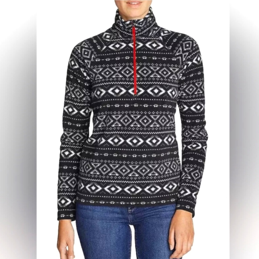 Eddie Bauer Quest Fleece Pull-on 1/4 Zip Black w/white geometric design Sz M EUC